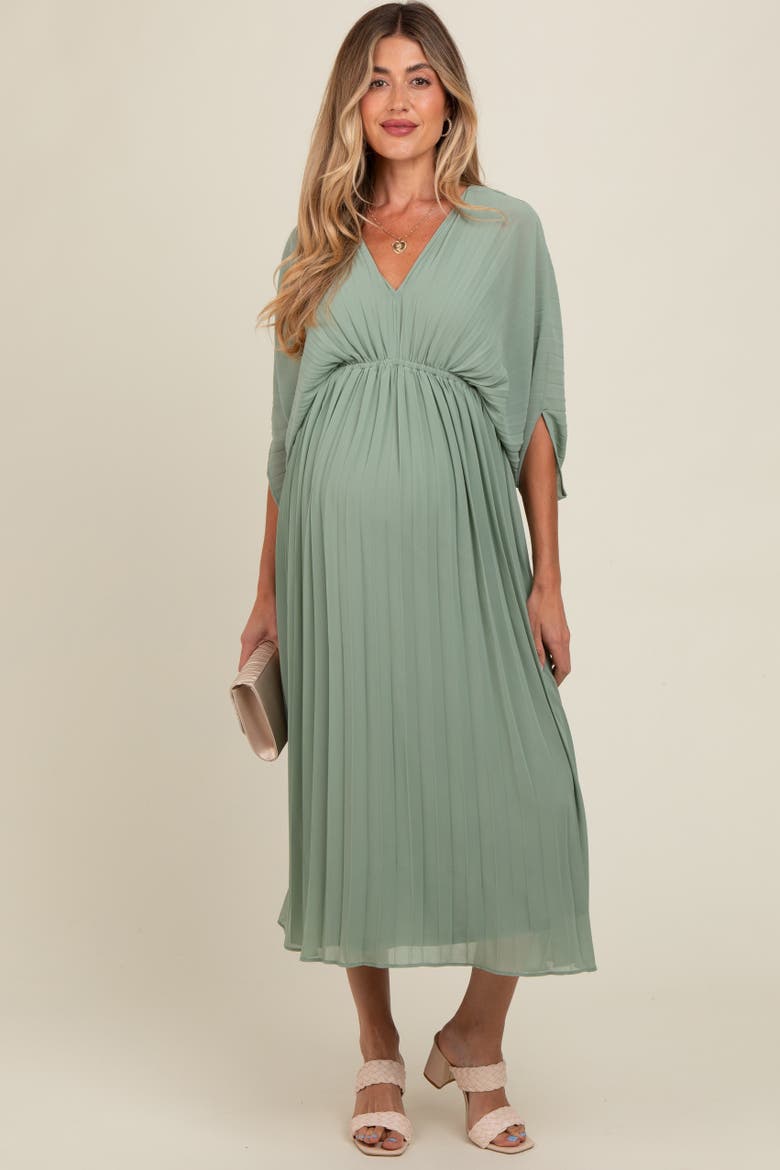 Pleated V Neck Maxi Dress, Alternate, color, Light Olive
