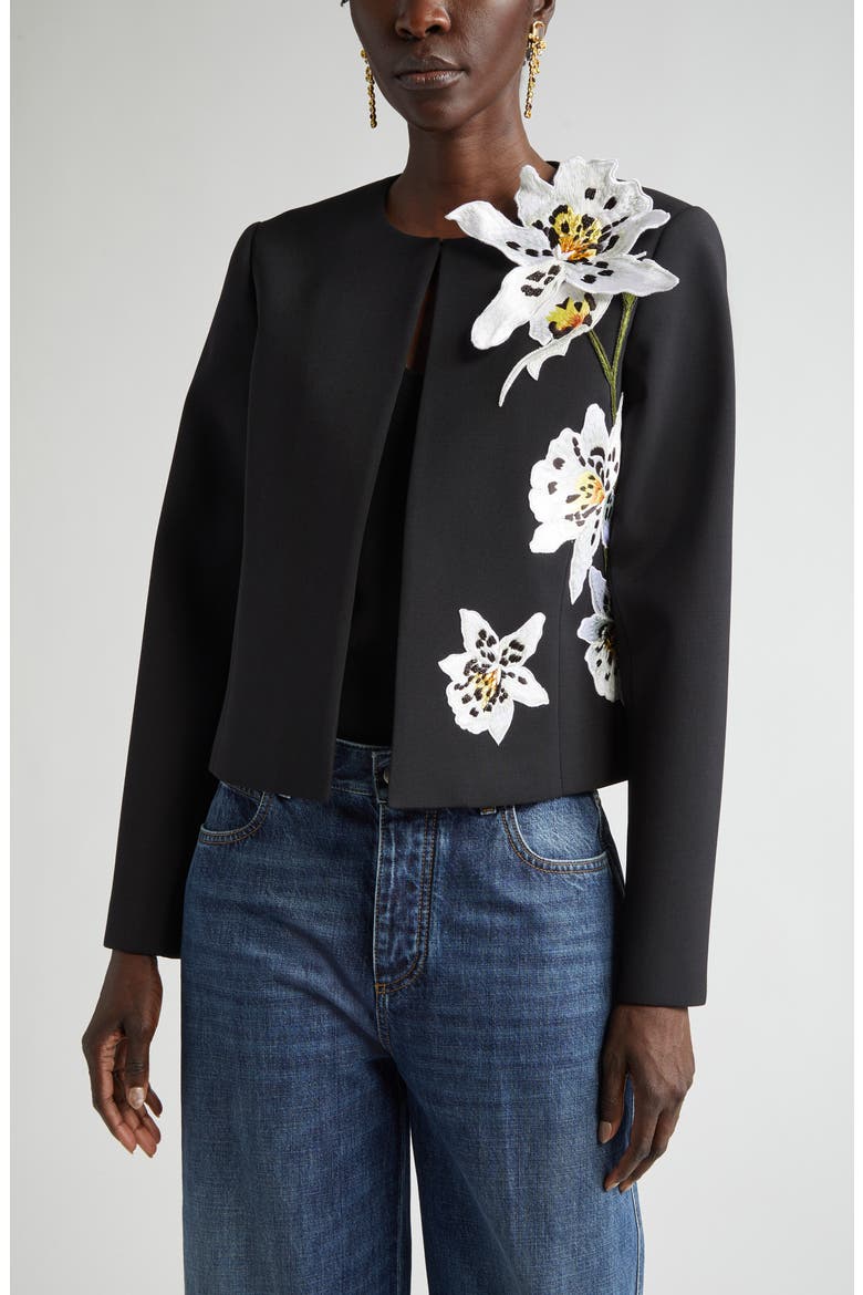 Orchid Embroidered Bonded Wool Crop Jacket, Main, color, BLACK