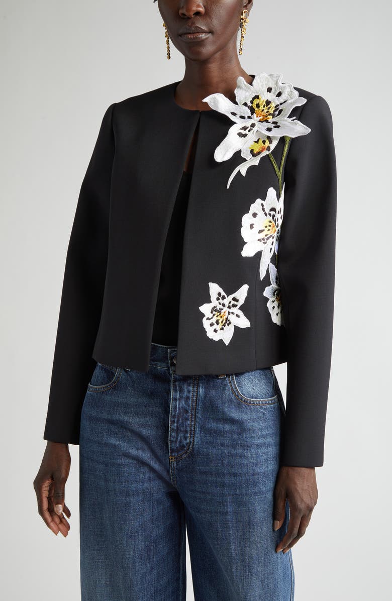 Oscar de la Renta Orchid Embroidered Bonded Wool Crop Jacket, Main, color, 