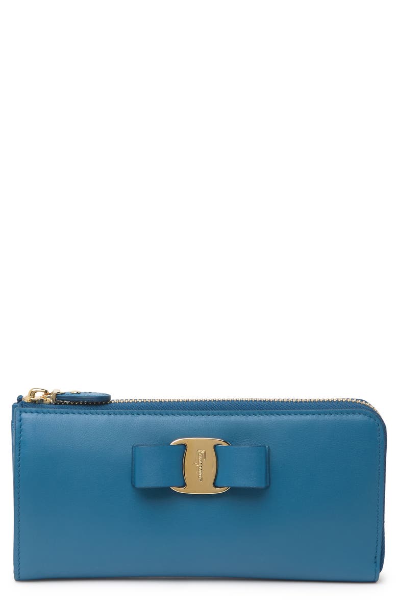 FERRAGAMO Vara Bow Leather Zip-Around Wallet, Main, color, 