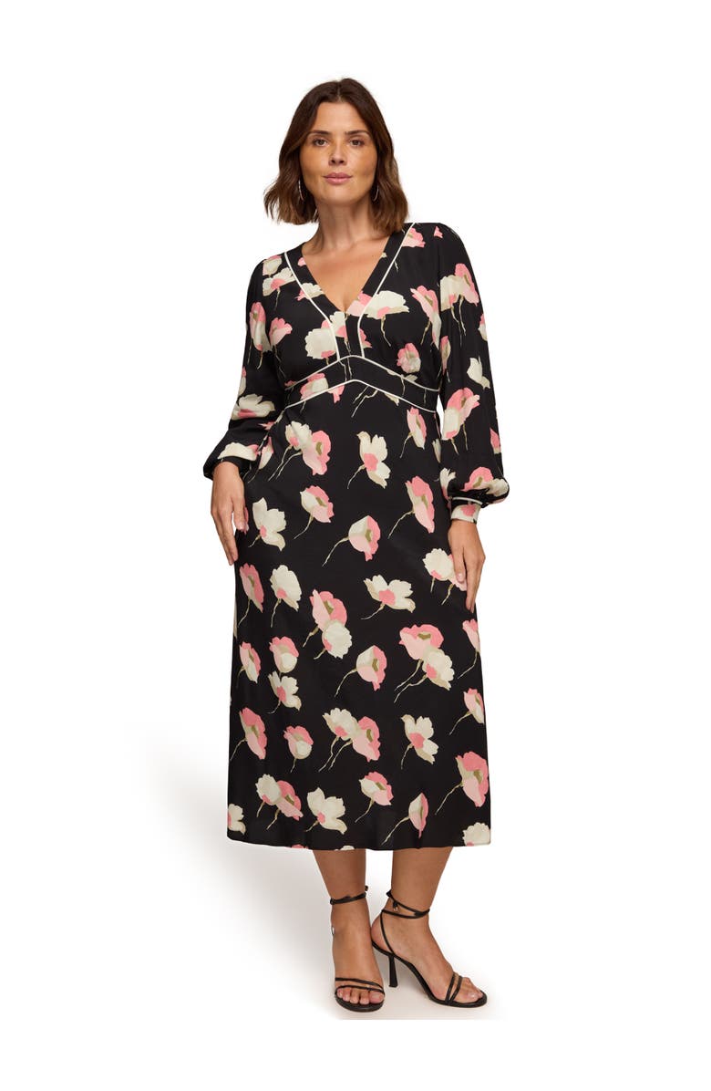 Live Unlimited Floral Print Piping Detail Dress, Main, color, Black