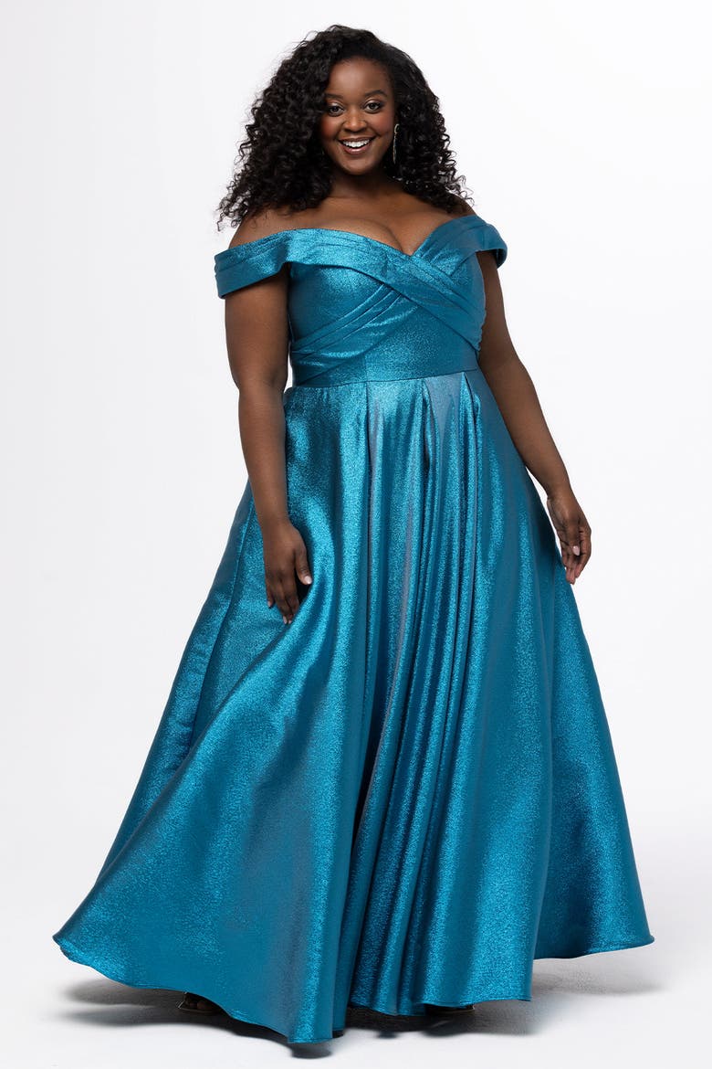 Pleated Off-the-Shoulder Curvy Formal Dress, Main, color, Electric Blue