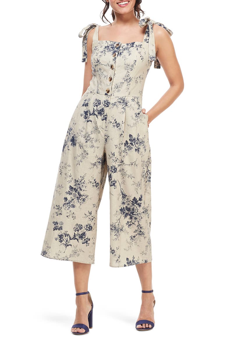 Magnolia Smocked Back Linen Blend Jumpsuit, Main, color, BURLAP/ REGAL BLUE