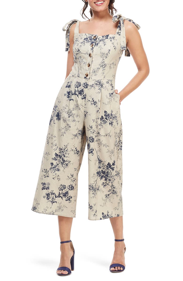 Gal Meets Glam Collection Magnolia Smocked Back Linen Blend Jumpsuit, Main, color, 