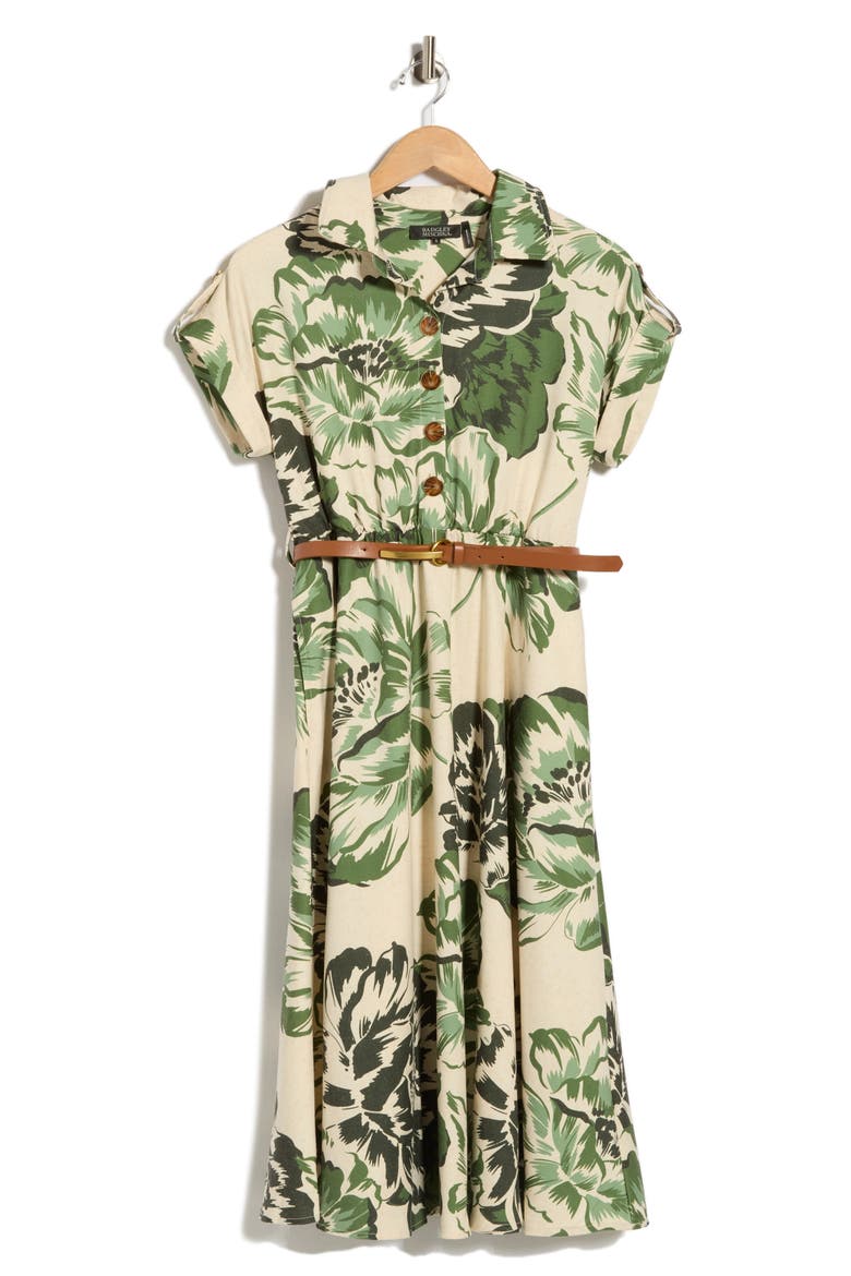 Floral Short Sleeve Belted Midi Dress, Alternate, color, GREEN