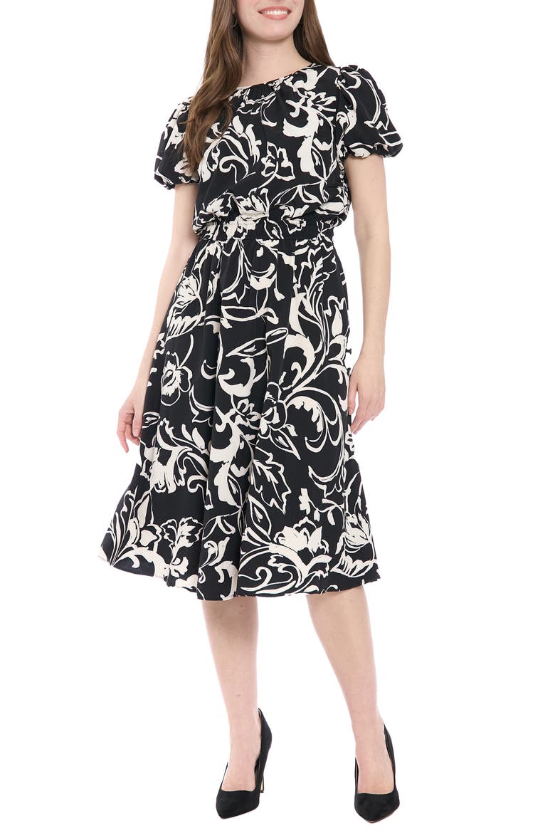 Puff Sleeve Midi Dress, Main, color, BLACK/ BONE