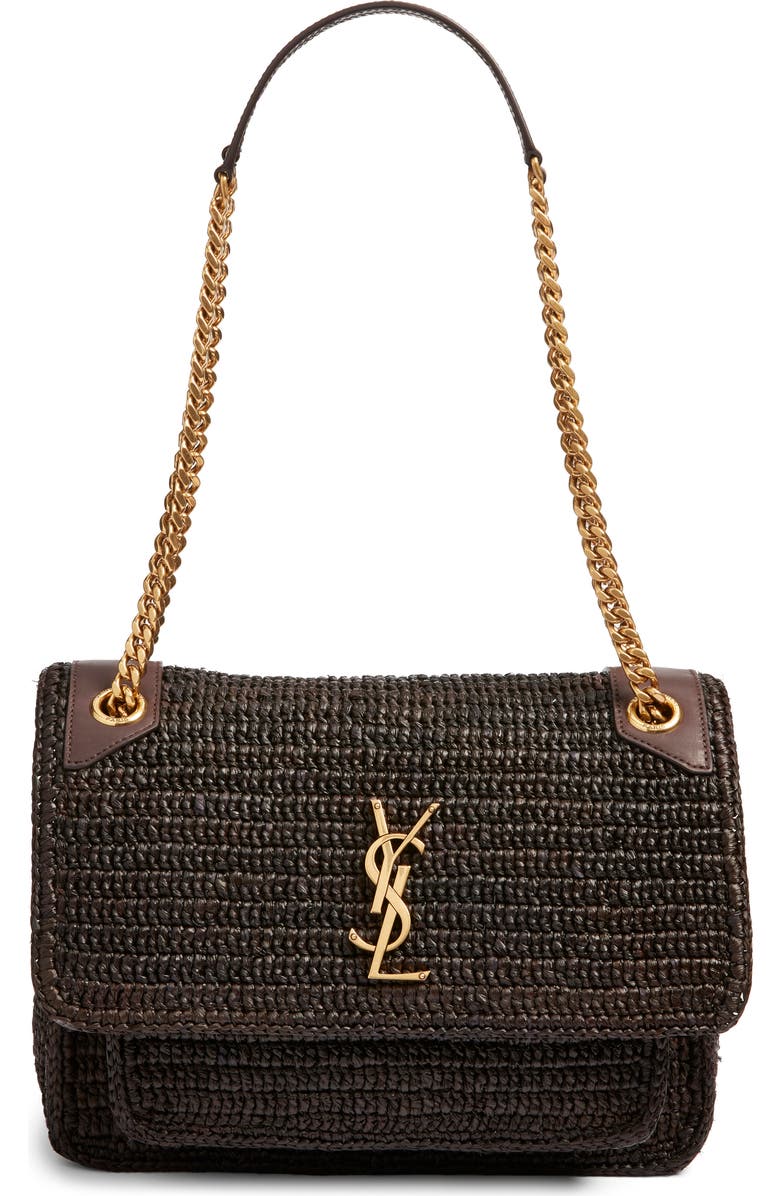 Saint Laurent Medium Niki Woven Raffia Shoulder Bag, Main, color, Chocolate Truffle