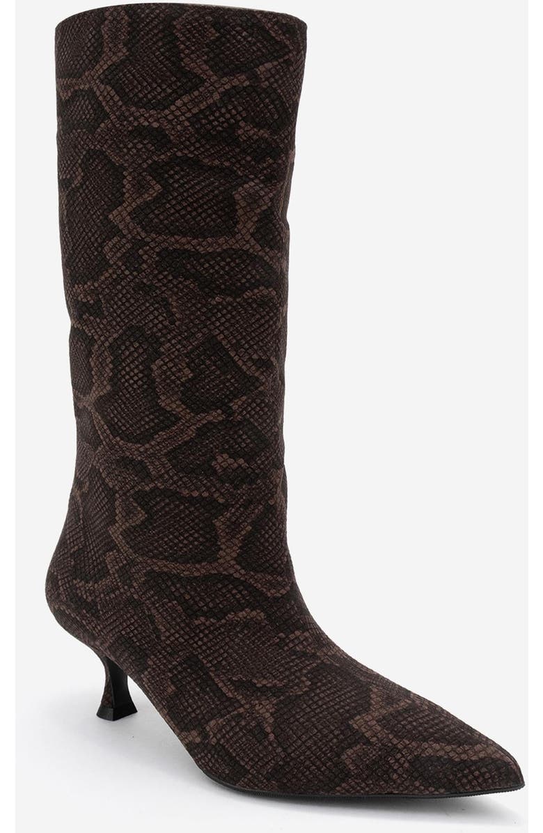 Prologue Shoes Crow Embossed Pointed Toe Boot, Main, color, Brown Pattern Faux Leather