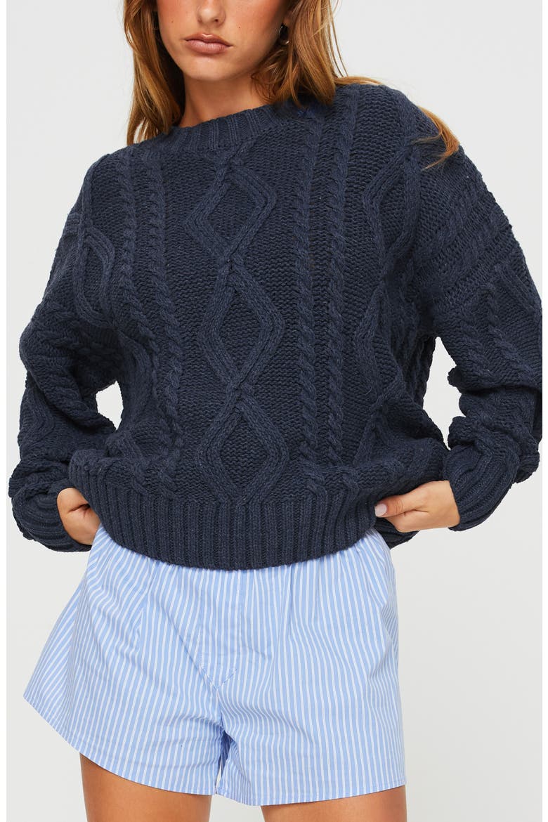 Anaya Oversize Aran Knit Sweater, Main, color, NAVY