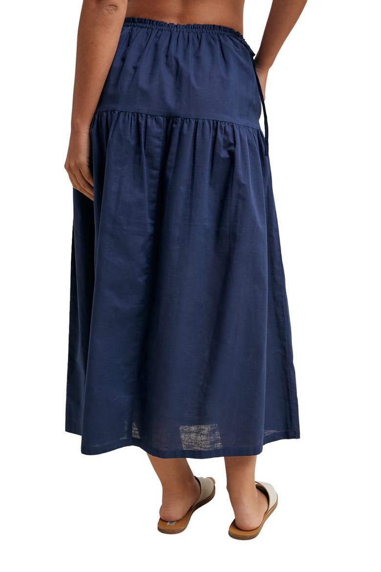 Drawstring Cotton & Linen Blend Midi Skirt, Alternate, color, NAVY
