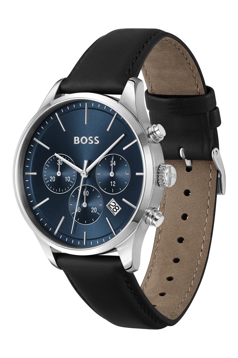 Avery Chronograph Leather Strap Watch, 42mm, Alternate, color, BLUE