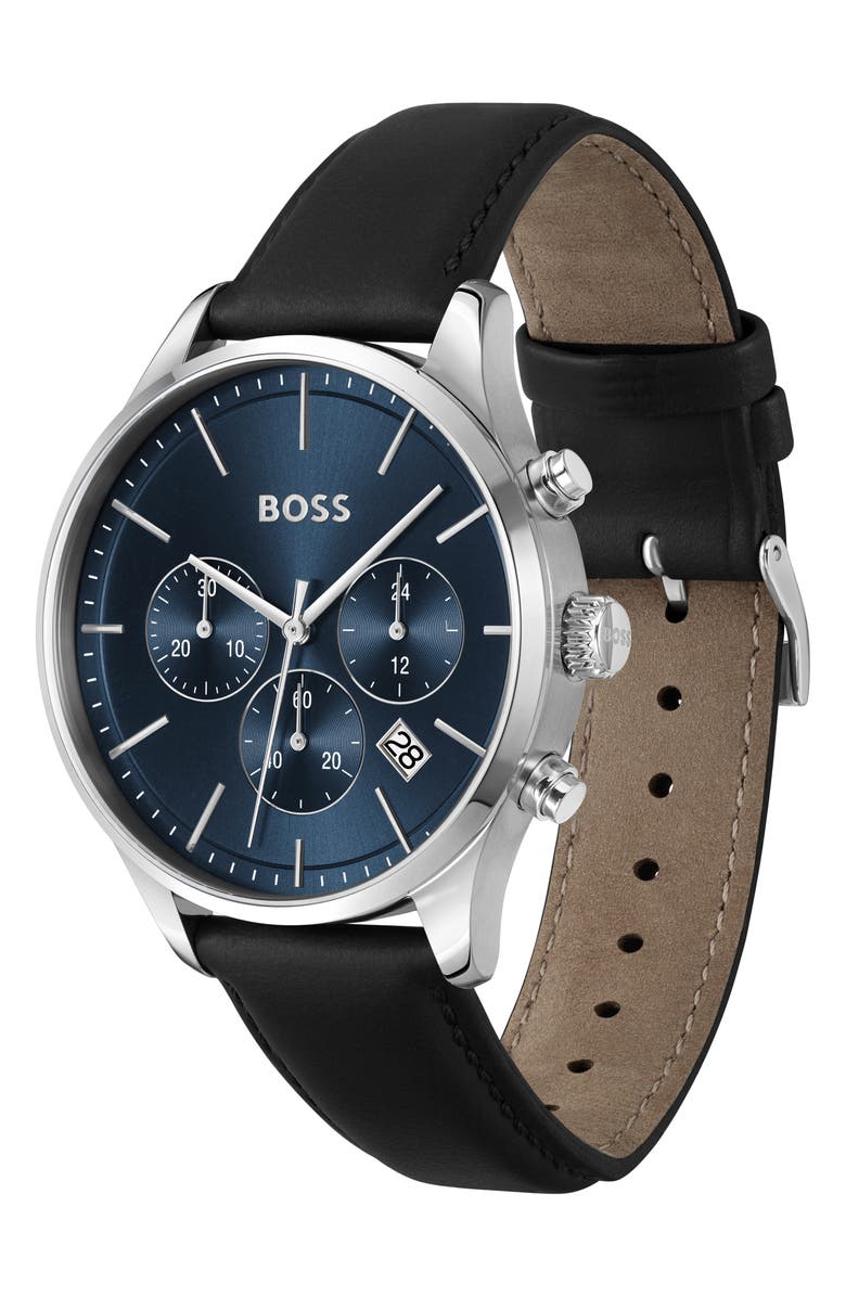 BOSS Avery Chronograph Leather Strap Watch, 42mm, Alternate, color, Blue