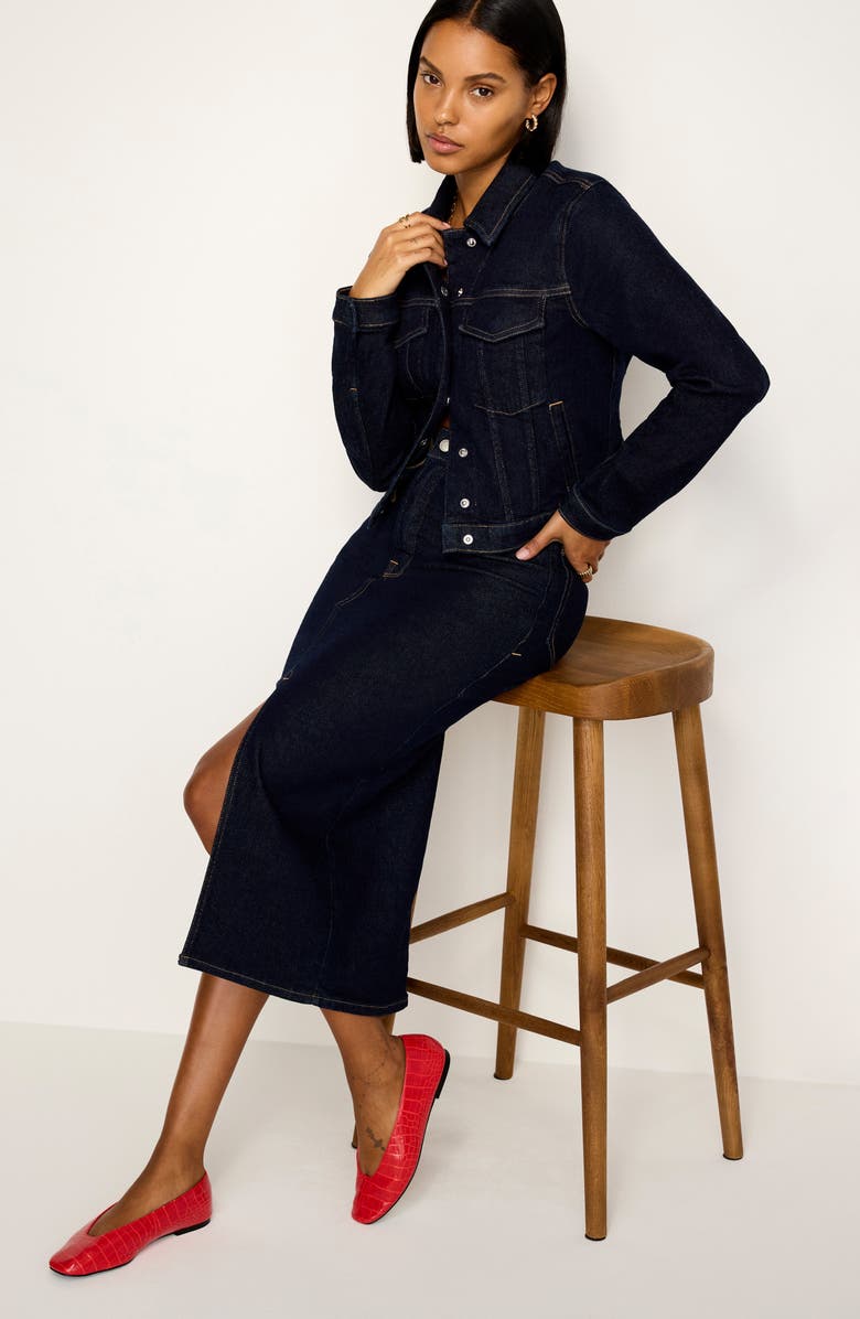 Good American Front Slit Denim Midi Skirt, Alternate, color, Indigo716