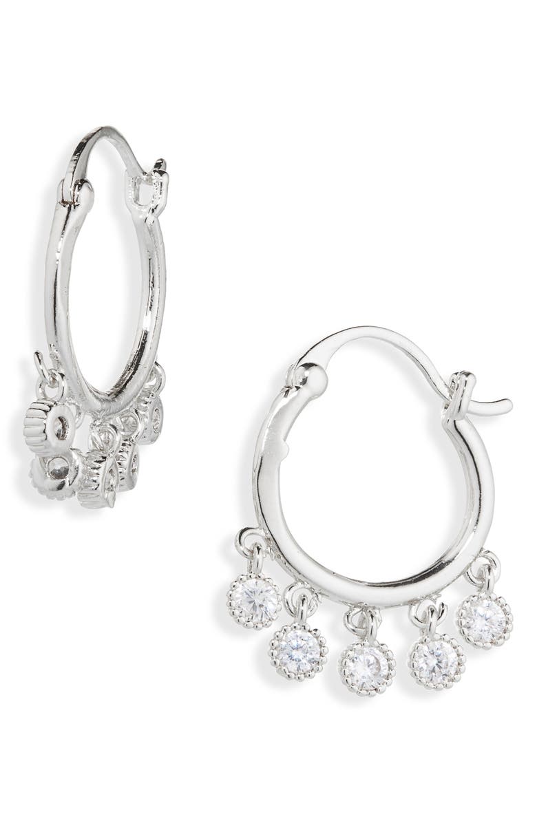 Cara Crystal Drop Hoop Earrings, Main, color, Silver