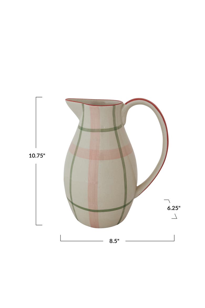 Hand-Painted Stoneware Pitcher with Eclectic Plaid Motif, Alternate, color, Multicolor