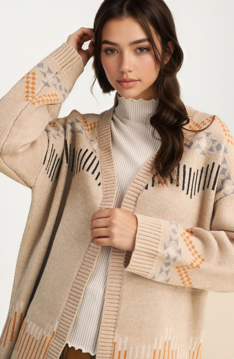 Knit and Lounge Scallop Trim Geometric Knit Pattern Cardigan, Alternate, color, Beige Multi