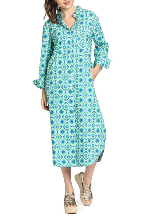 Apny Printed Long Sleeve Cotton Shirtdress In Blue Multi