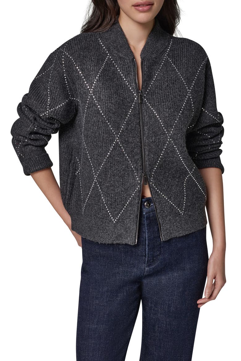 Crystal Embellished Zip Front Bomber Cardigan, Main, color, CHARCOAL H