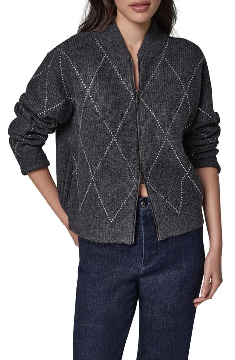 Crystal Embellished Zip Front Bomber Cardigan