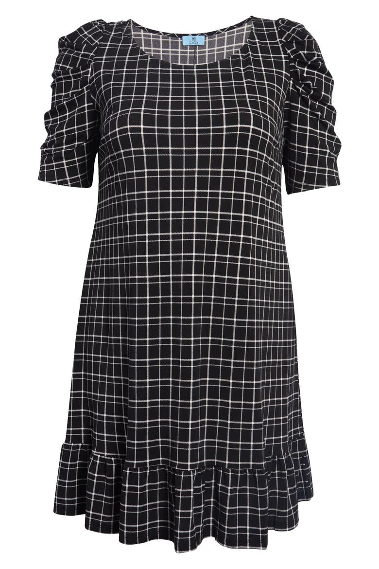 Puff Sleeve Check Ruffle Dress, Alternate, color, RICH BLACK