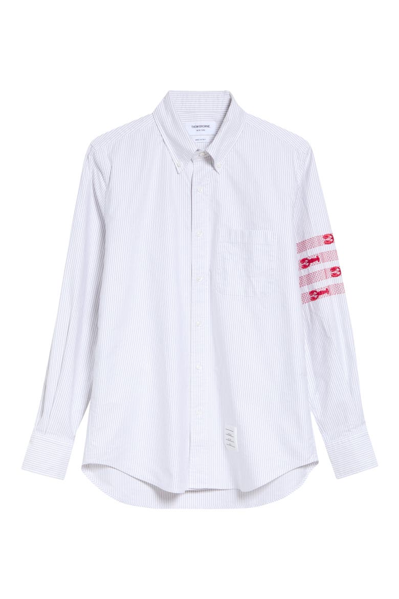 Lobster Embroidery Detail Stripe Cotton Button-Down Shirt, Main, color, MEDIUM GREY