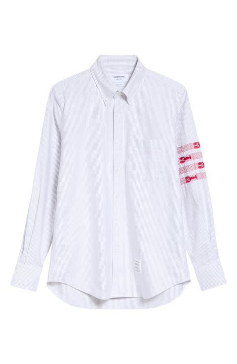 Lobster Embroidery Detail Stripe Cotton Button-Down Shirt