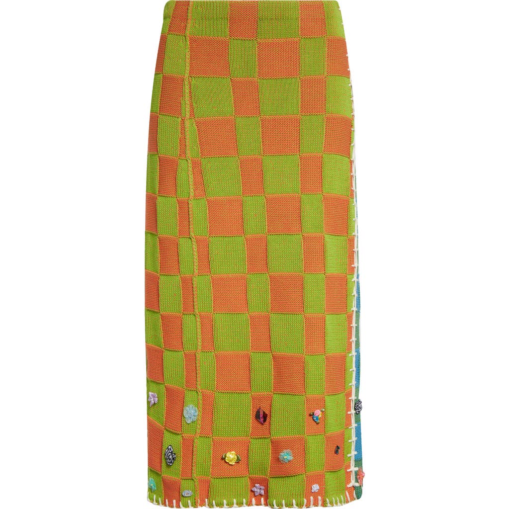 Yanyan Floral Ribbon Checkerboard Midi Skirt In Green/orange