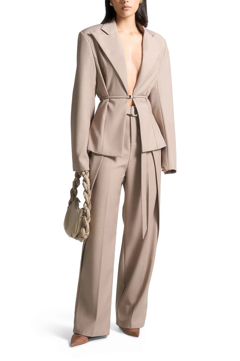 Wide Shoulder Tailored Blazer with Twin Belt, Alternate, color, Taupe
