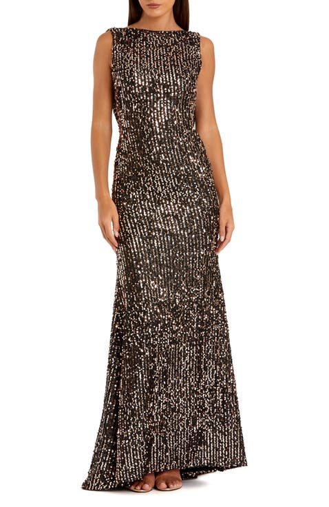 Cowl Back Boat Neck Sequined Evening Gown