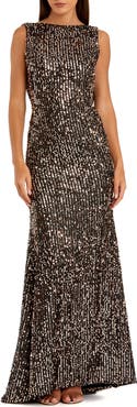 Mac Duggal Cowl Back Boat Neck Sequined Evening Gown