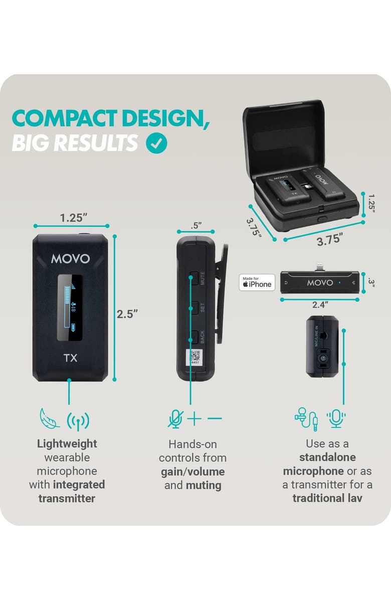 MOVO WMX-2-L Wireless Microphone for iPhone with Charging Case, Alternate, color, Black