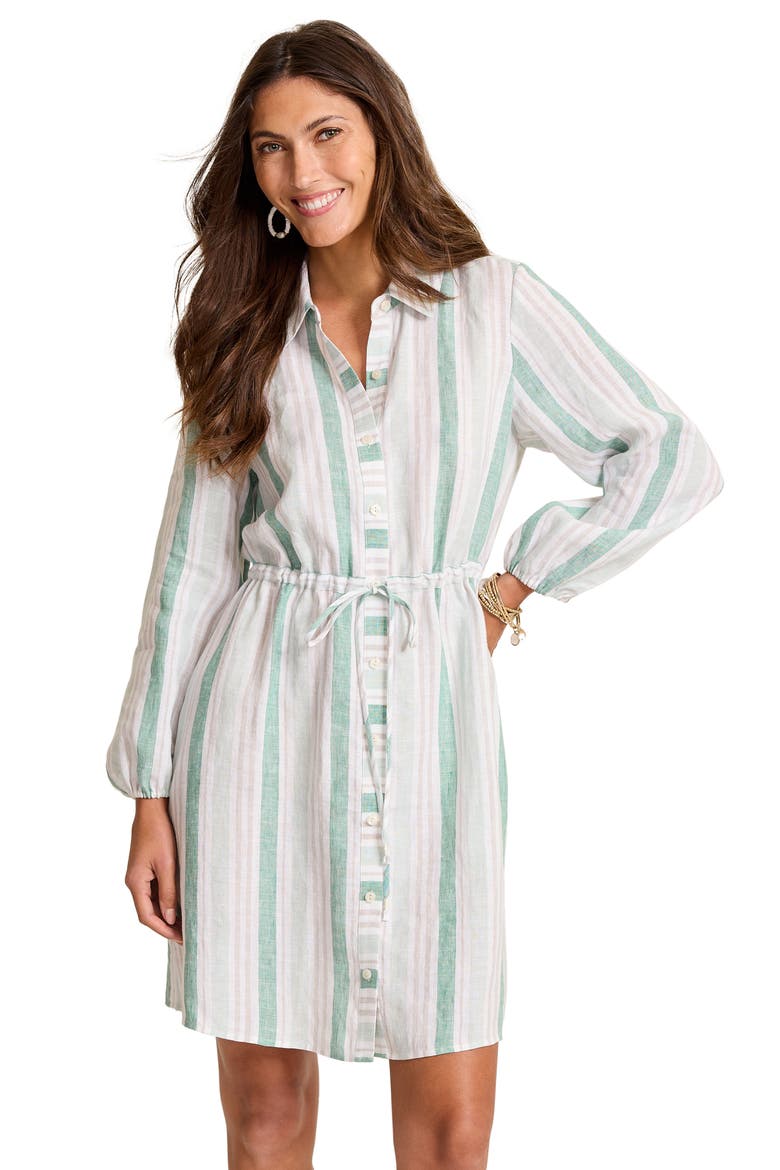 Seaside Cove Stripe Long Sleeve Linen Shirtdress, Alternate, color, SILKY GREEN
