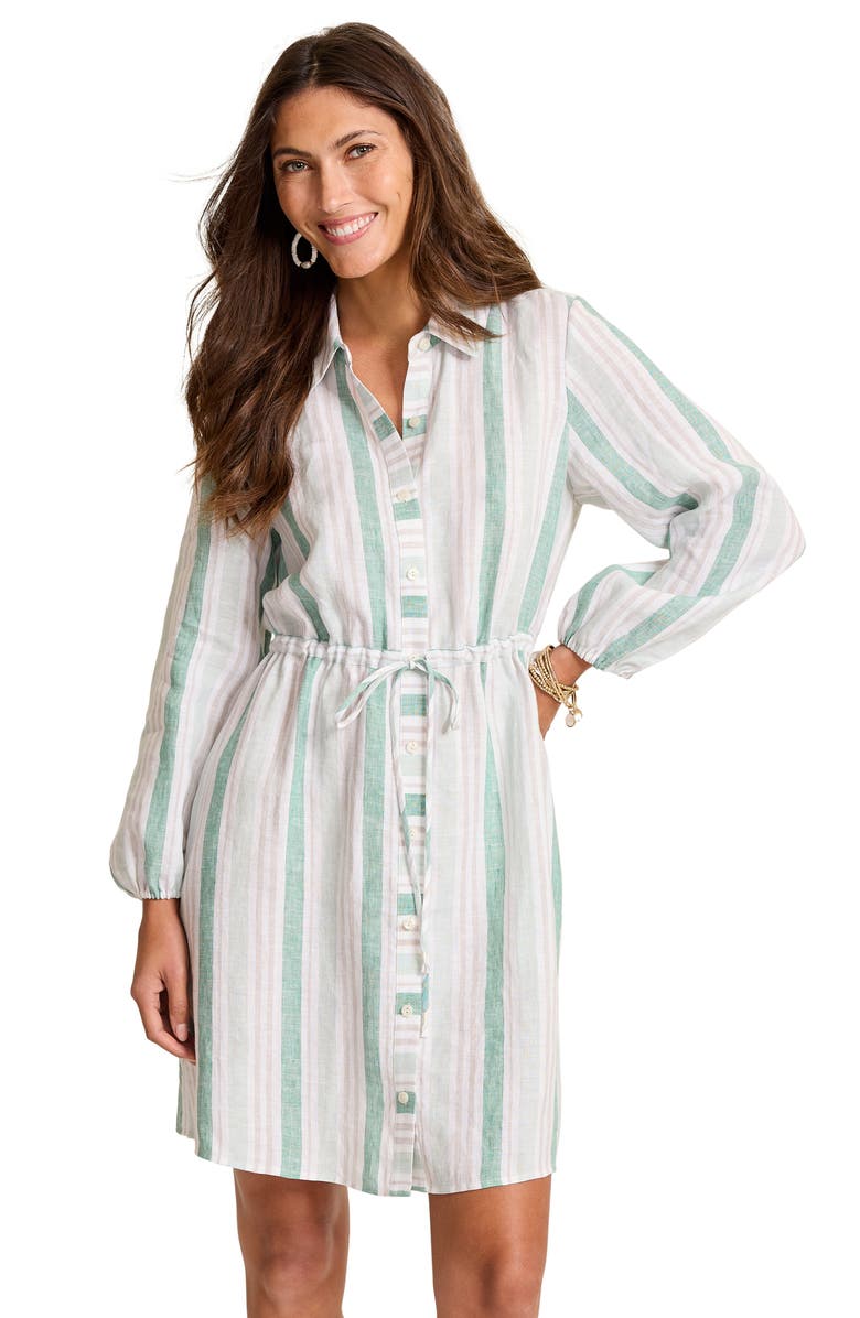 Tommy Bahama Seaside Cove Stripe Long Sleeve Linen Shirtdress, Alternate, color, Silky Green