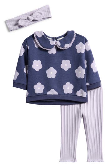 Pl Baby By Petit Lem Peter Pan Collar Top, Leggings & Headband Set In Multi