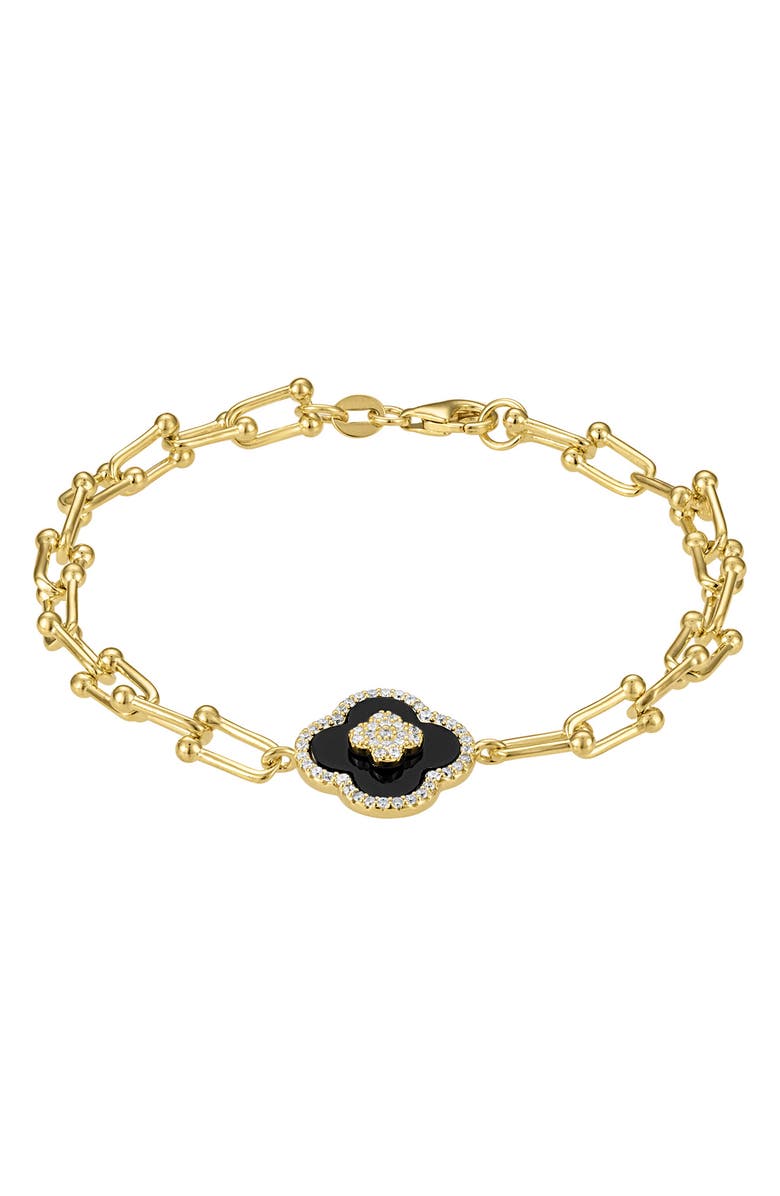 FZN Onyx & Cubic Zirconia Clover Chain Bracelet, Main, color, Yellow Gold/ Black