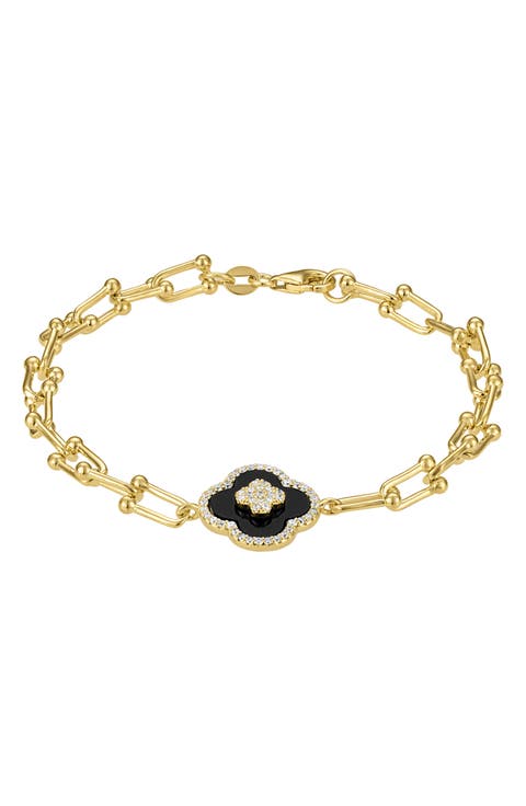 Onyx & Cubic Zirconia Clover Chain Bracelet