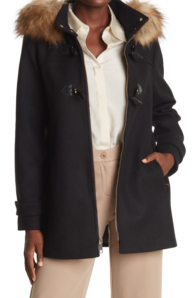 Nine West Faux Fur Trim Hooded Toggle Coat, Main, color,
