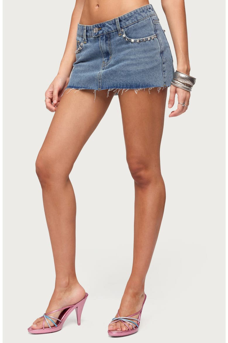 Avielle Studded Raw Hem Denim Miniskirt, Alternate, color, MEDIUM-BLUE-WASHED