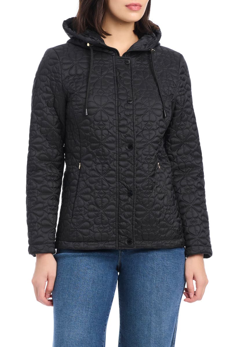 Kate Spade New York water resistant hooded floral quilted short jacket, Main, color, Black