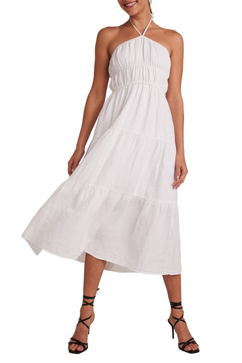 Gathered Halter Linen Midi Dress, Main, color, WHITE