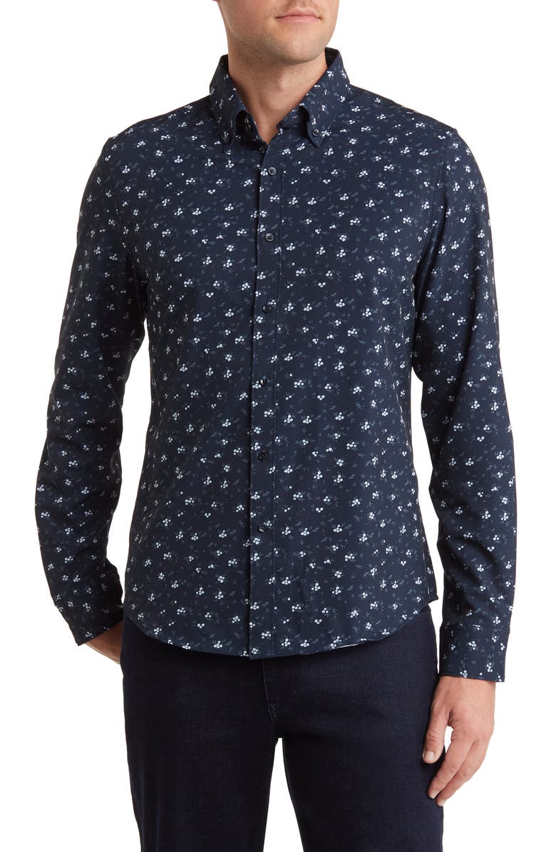 DENIM AND FLOWER Ditsy Floral Stretch Button-Down Shirt, Main, color, Navy Ditsy Floral
