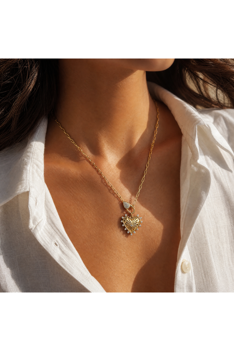 Pave Clasp Heart Charm Paperclip Necklace, Alternate, color, Gold