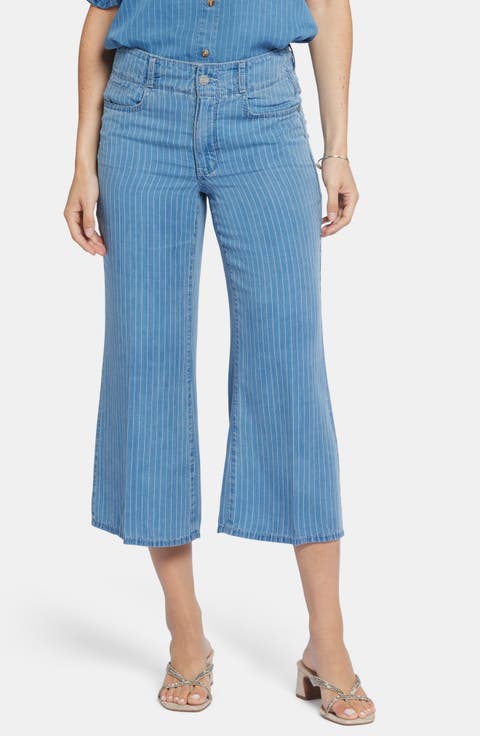 NYDJ Brigitte Stripe High Waist Wide Leg Capri Jeans (Light Marine) (Petite)