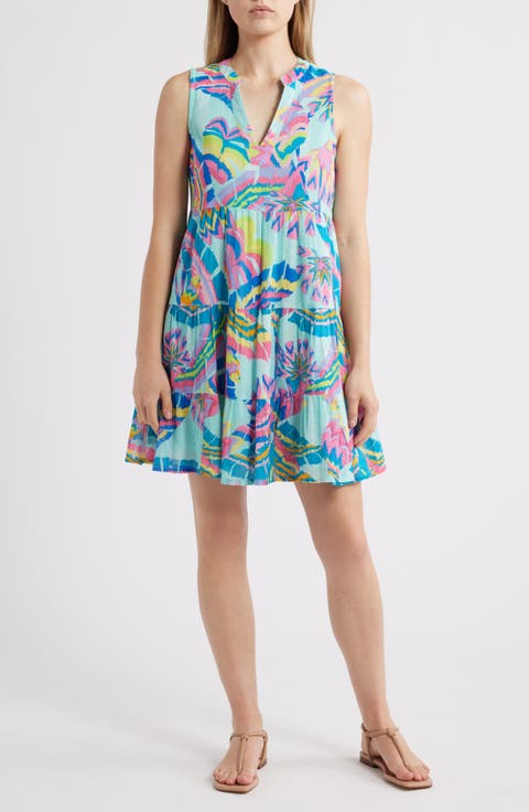 Blooming Palms Sleeveless Cotton Blend Dress