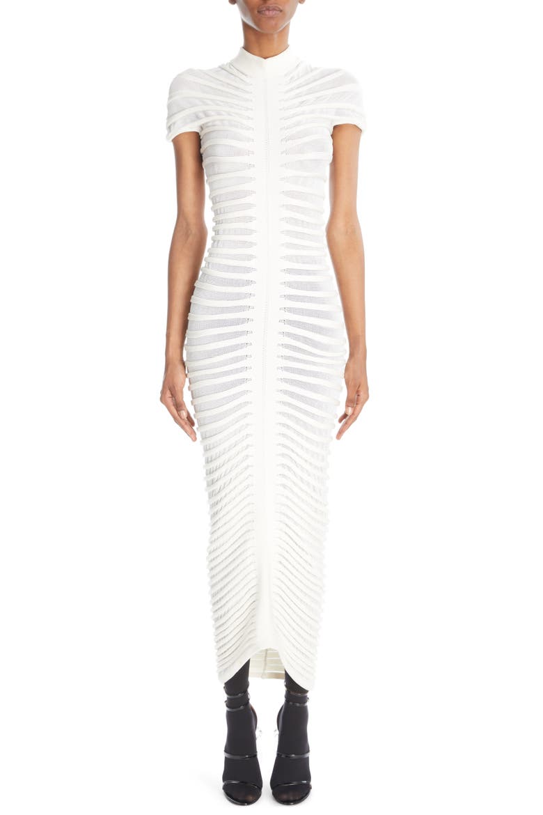 Rib Texture Mock Neck Body–Con Midi Dress, Main, color, BLANC