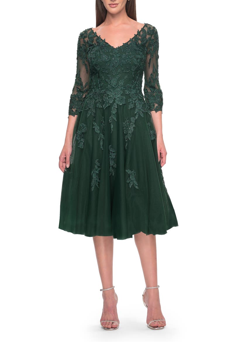 Tulle and Lace Knee Length Evening Dress, Main, color, Emerald
