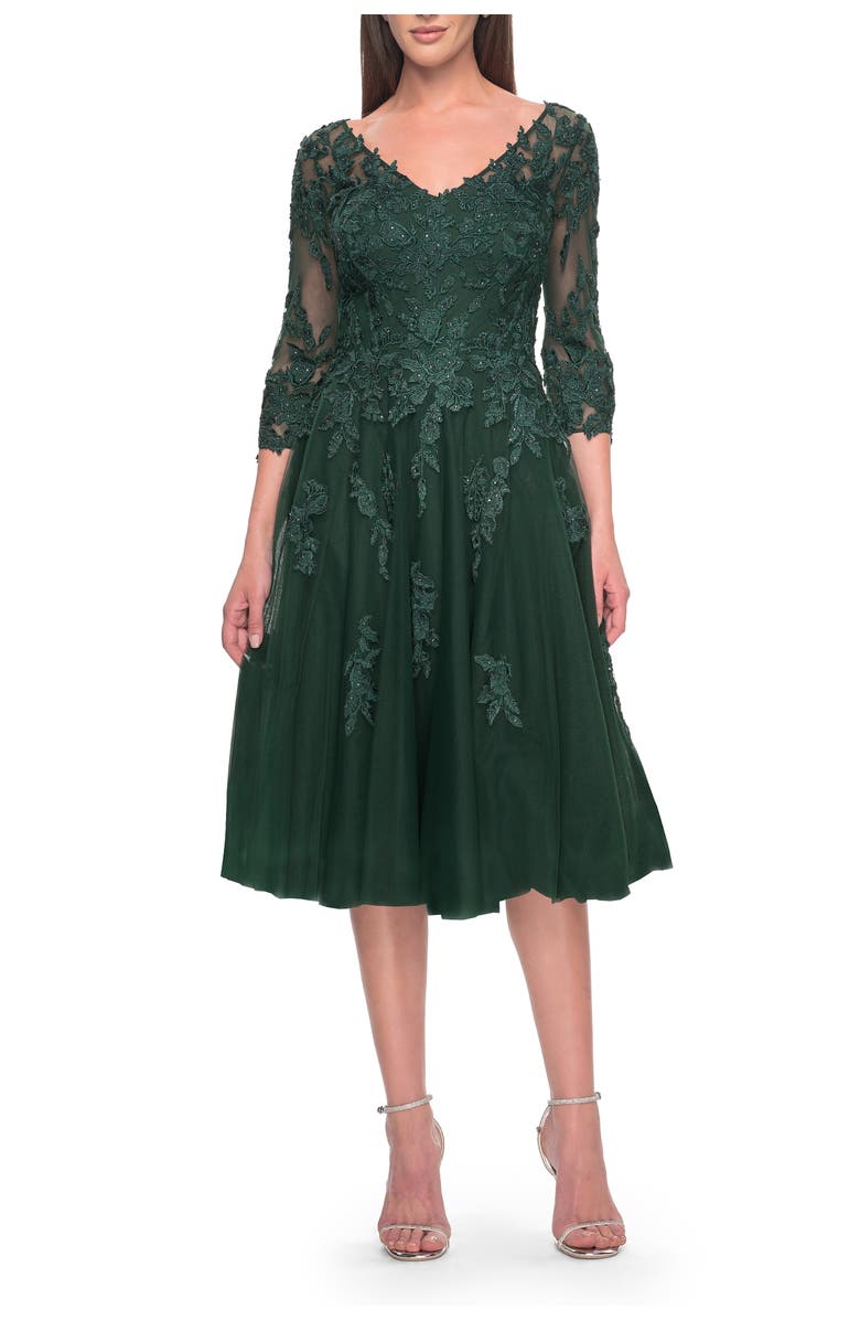 La Femme Tulle and Lace Knee Length Evening Dress, Main, color, Emerald