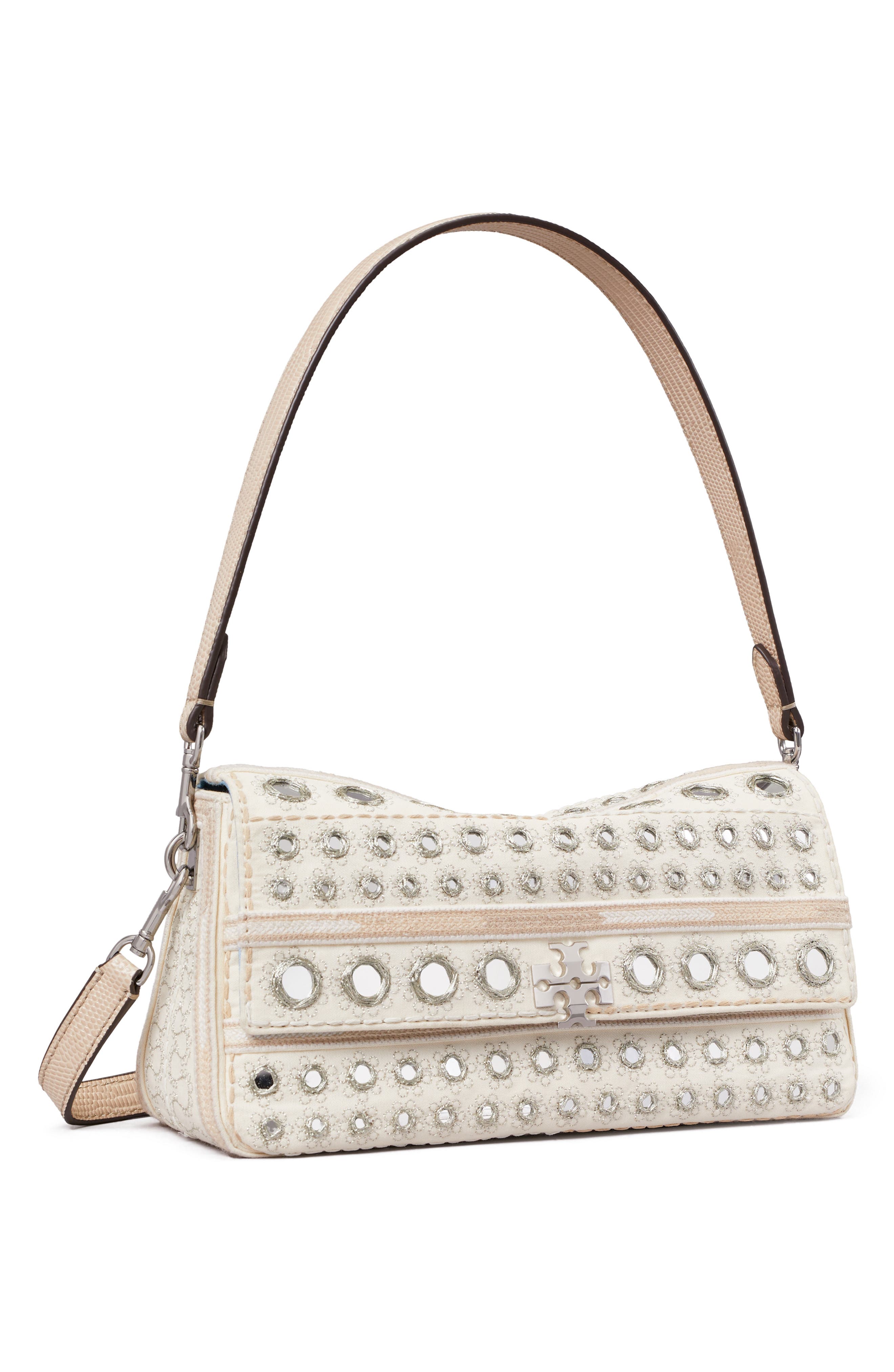 Tory Burch Small Charlie Embellished Shoulder Bag, Alternate, color, New Ivory