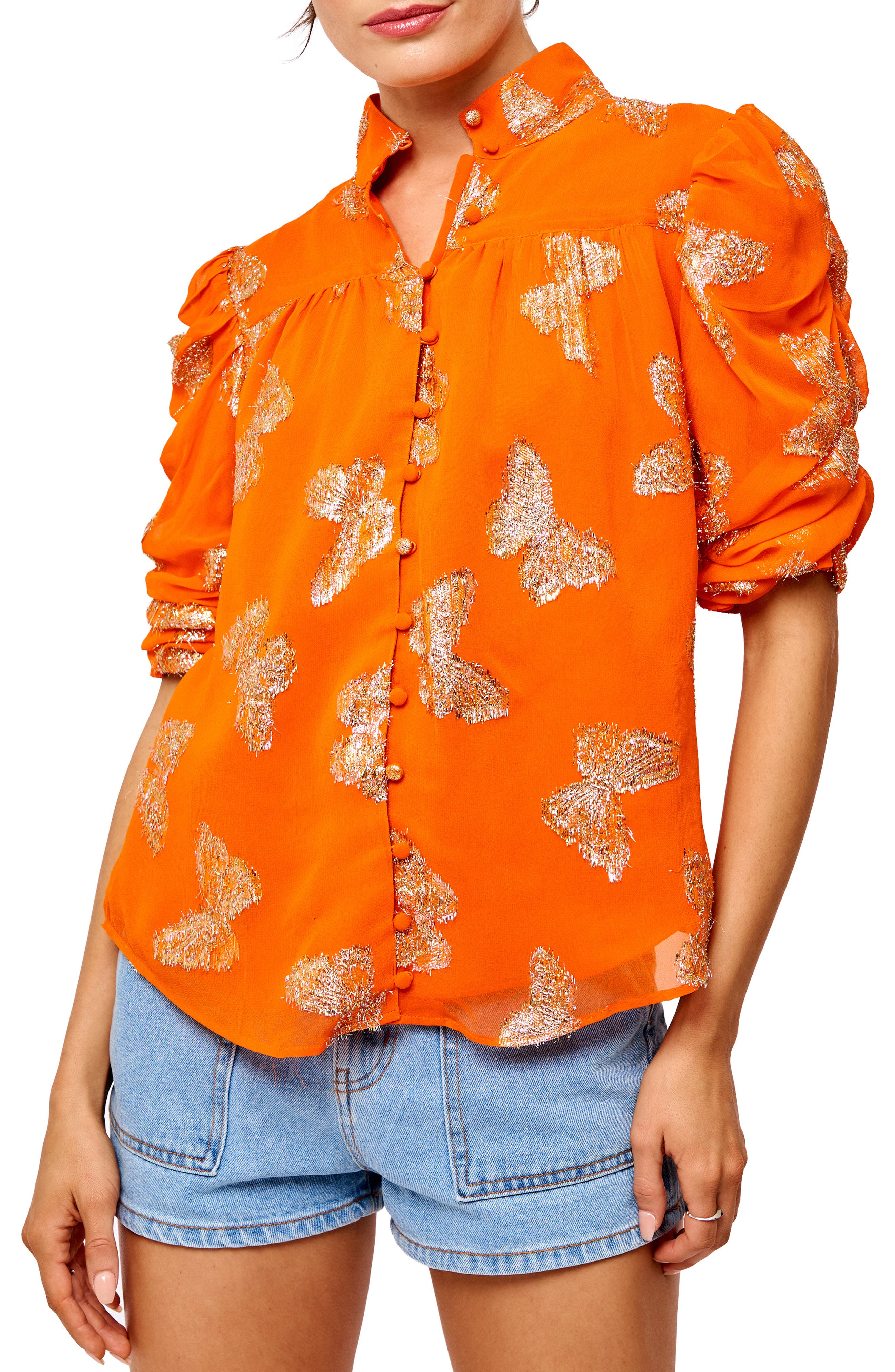 Maggie Metallic Ruched Sleeve Shirt