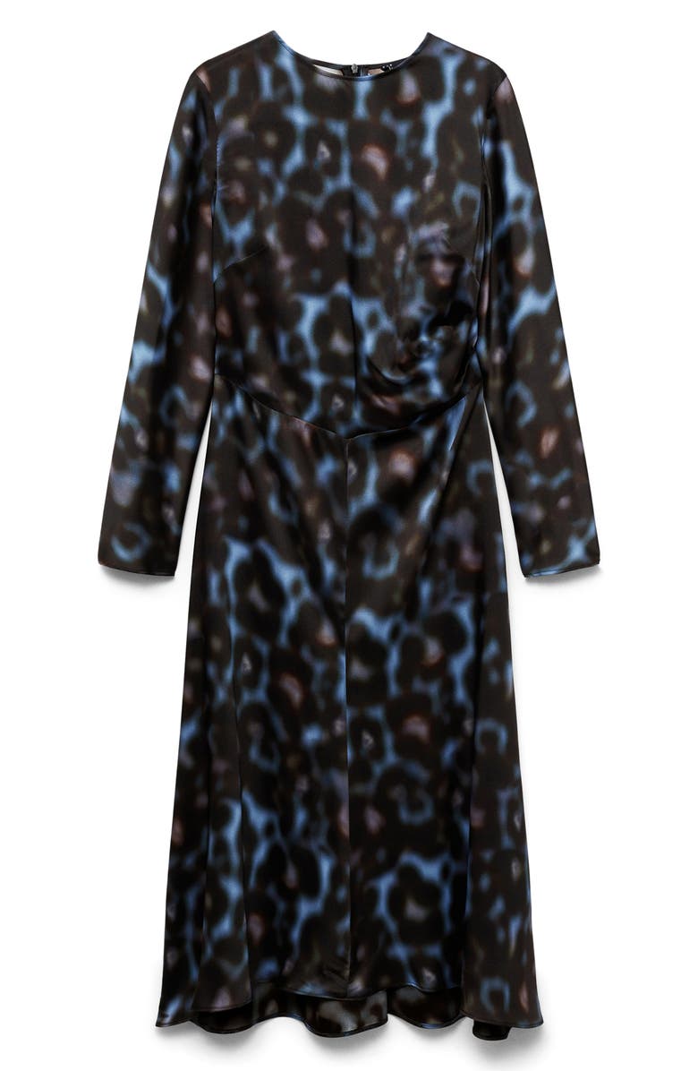 MANGO Draped Long Sleeve Satin Midi Dress, Alternate, color, Blue